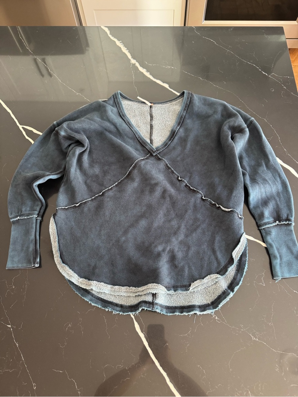 Free People Washed Navy Raw-Edge V-Neck Sweater